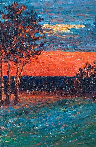 Alexej von Jawlensky, Abendglühen. 1905 (Jawlensky,Alexej von,1864-1941,Öl auf Pappe,20. Jahrhundert,Expressionismus,Landschaft,Düsseldorf,Kunstpalast,Alexej von Jawlensky,Abend,Stimmung,Sonnenuntergang,Kontrast,Abendrot,Abendhimmel,blau,rot,abneds,landschaft,ländlich)