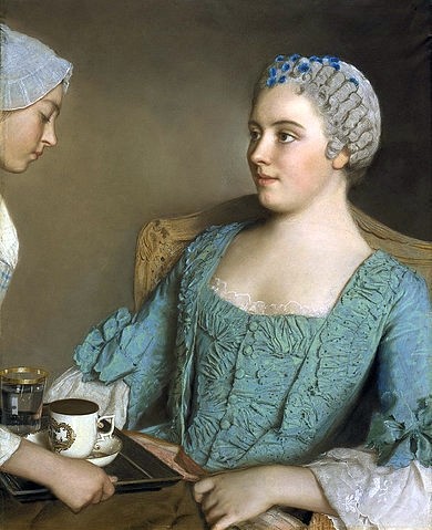 Jean-Étienne Liotard, Das Frühstück. 1753/56 (Klassizismus, Frühstück, Dame, Tablett, Dienerin, servieren,  Wunschgröße, Esszimmer, Wohnzimmer, Malerei, Klassiker)