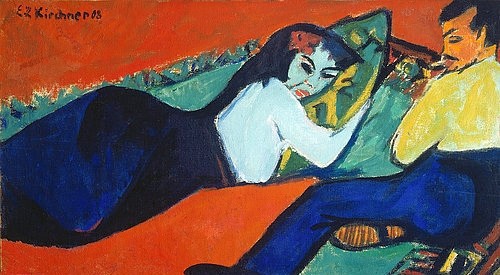 Ernst Ludwig Kirchner, Unterhaltung, Liegende Frau. 1911 (20. Jahrhundert,Dauerleihgabe Freunde  Kunstpalast e.V.,Düsseldorf,Kunstpalast,Öl auf Leinwand,1880-1938,Kirchner,Ernst Ludwig,Paar,Junge,Kirchner,Ernst Ludwig,liegend,mollig,dick,paar,rot,frau,Expressionismus,entspannt)