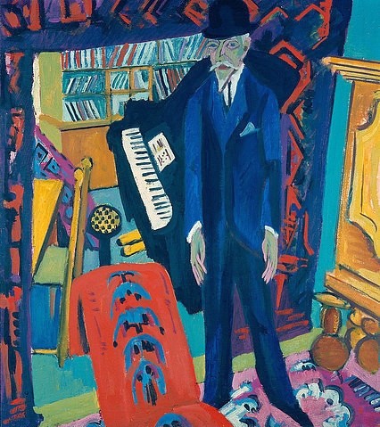 Ernst Ludwig Kirchner, Musikzimmer (Bildnis Botho Gräf). 1914/26 (20. Jahrhundert,Düsseldorf,Kunstpalast,Öl auf Leinwand,1880-1938,Kirchner,Ernst Ludwig,Ernst Ludwig,Kirchner,Mann,Piano,Klavier,Musik,Musikinstrument,schlank,Anzug,Melone,Expressionismus,Zimmer,groß)