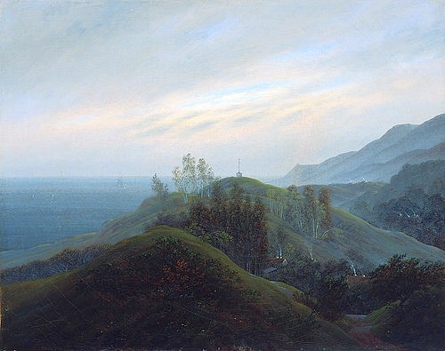 Caspar David Friedrich, Blick auf die Ostsee. Um 1820-25 (Romantik,Landschaft,19. Jahrhundert,Düsseldorf,Kunstpalast,Öl auf Leinwand,1774-1840,Friedrich,Caspar David,Friedrich,Caspar David,Romantik,Landschaft,Meer,Küste,Hügel,Ostsee,See,Himmel,bedeckt)