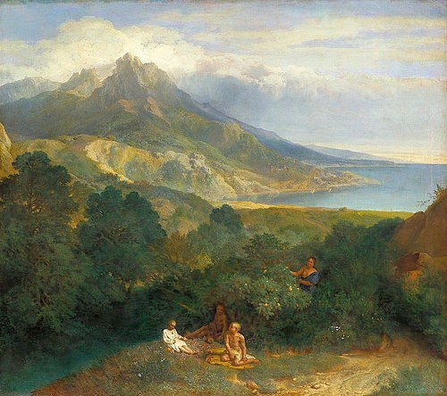 Jean-François Millet, Italienische Küstenlandschaft. Um 1670. (Landschaftsmalerei, Landschaft, Italien, Meer, Oragenbaum, Pflückerin, Familienszene, Idylle, Hügel, Berge, Wunschgröße, Wohnzimmer, bunt)