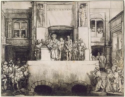 Rembrandt van Rijn, Christus dem Volke vorgestellt. 1655 (Rembrandt van Rijn,1606-1669,Städel Museum,Frankfurt am Main,Graphische Sammlung,Kaltnadelradierung,rembrandt,van rijn,jesus,christus,volk,leute,menschenmenge,pontius,pilatus,ecce,homo,gefangen,urteil)