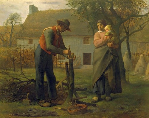 Jean-François Millet, Bauer beim Propfen eines Baumes (Le Greffeur). 1855. (Bauerngenre, Landarbeit, Bauernhof, Bäuerin, Kind, Baby, Baumarbeit, Propfen, Realismus, Malerei, Wohnzimmer, Klassiker, Wunschgröße, bunt)