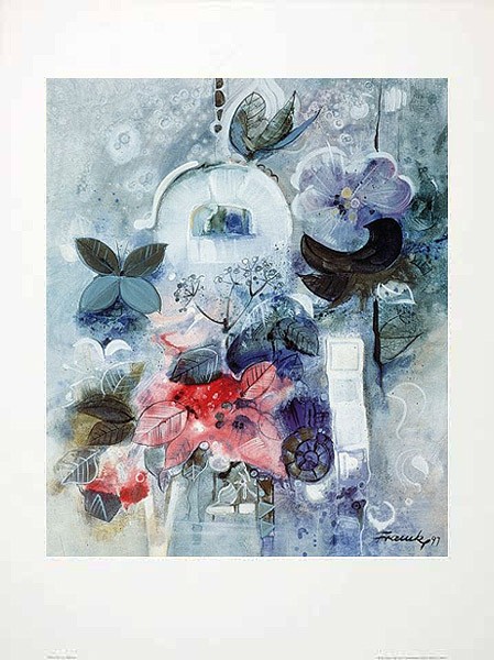 Dieter Framke, Sagres (Garten, Haus, fantastisch,  Blumengarten, Blüten, Traum, Treppenhaus, Wohnzimmer, Schlafzimmer, Lithografie, signiert, bunt)