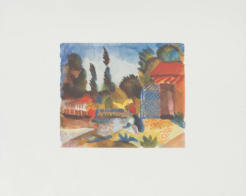 Macke August Mit sitzendem Araber (1914) (Frequenzmodulierte Rastertechnik, Bütten) (Malerei, Expressionismus, Tunesien, Afrika, tunesische Reise, Gebäude, Garten, Araber, Wohnzimmer, Treppenhaus, Arztpraxis, Klassische Moderne,  bunt)