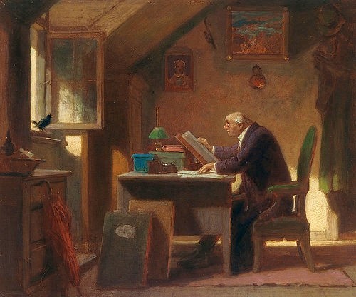 Carl Spitzweg, Ein Besuch. Um 1850 (Privatbesitz,Spitzweg,Carl,1808-1885,Öl/Karton,19. Jahrhundert,Büro,Spitzweg, Carl Spitzweg Biedermeier Schreibtisch Studierstube Bücher Fenster Vogel)