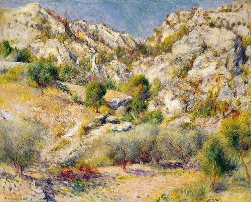 Pierre-Auguste Renoir, Felsen bei Estaque. 1882. (Landschaft, Berge, Felsen, Frankreich, Impressionismus, klassische Moderne, Wunschgröße, Wohnzimmer, Malerei)