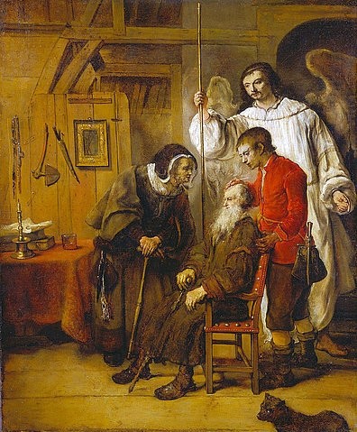 Karel van der Pluym, Tobias heilt seinen blinden Vater. (Pluym,Karel van der,1625-1672,an den Rändern beschnitten,auf vorgrundierter Leinwand,wachsdoubliert,Düsseldorf,Kunstpalast,17. Jahrhundert,Öl auf Leinwand,Pluym,Karel van der Pluym,Tobias,Vater,Familie,Sohn,blind,Engel,Mutter,Sohn,Greis,alter Mann,Stube,H)