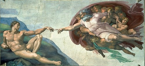 MICHELANGELO BUONARROTI, Sixtinischen Kapelle: Die Erschaffung Adams. 1510 (Adam, Gott, Erschaffung, Leben, Berührung, Fingerspitzen, Hände, Genesis, Klassiker, Renaissance, Fresko, Deckengemälde, Sixtinische Kapelle, Wunschgröße, bunt)