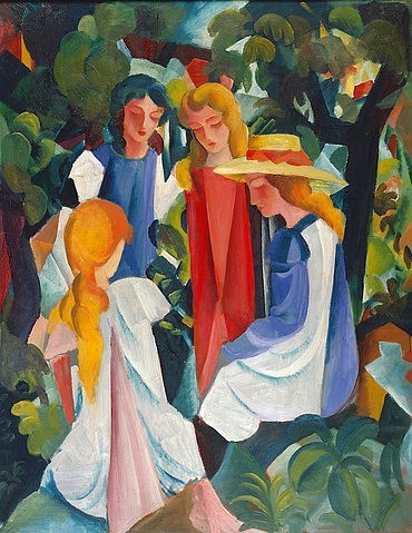 August Macke, Vier Mädchen. 1913 (Macke,August,1887-1914,Öl auf Leinwand,20. Jahrhundert,Düsseldorf,Kunstpalast,Kinder,Dialoge,Macke, August,Hut,blondine,blond,draußen,natur,frauen,unterhaltung,gespräch,park,freundinnen)