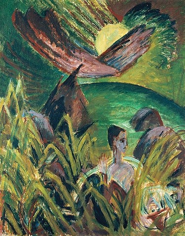 Ernst Ludwig Kirchner, Mondaufgang auf Fehmarn. 1914 (Kirchner,Ernst Ludwig,1880-1938,Öl auf Leinwand,20. Jahrhundert,Düsseldorf,Kunstpalast,Dauerleihgabe Freunde  Kunstpalast e.V.,Kirchner,Ernst Ludwig,Natur,grün,Mond,Gras,Mensch,Expressionismus,nacht,person,Fehmarn,Ostseeinsel,Ostsee,Wolke,Wolkenbogen)