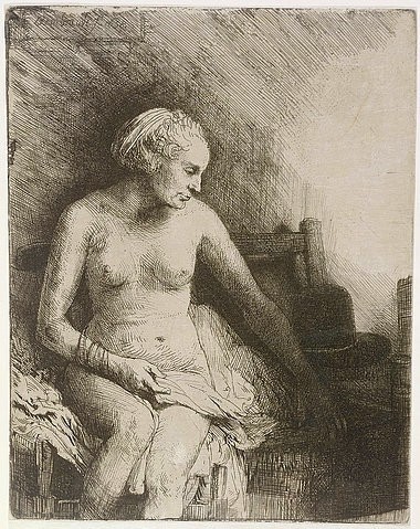 Rembrandt van Rijn, Nackte Frau auf einer Bank, den Hut neben sich. 1658 (Rembrandt van Rijn,1606-1669,Städel Museum,Frankfurt am Main,Radierung,Graphische Sammlung,)