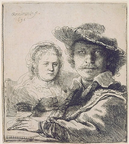 Rembrandt van Rijn, Selbstbildnis zeichnend mit Saskia. 1636 (Rembrandt van Rijn,1606-1669,Städel Museum,Frankfurt am Main,Radierung,Graphische Sammlung,Rembrandt,Rembrandt van Rijn,selbstporträt,porträt,künstler,mann,maler,radierung,frau,saskia,zeichnend)