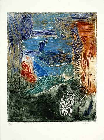 Levesque Erik Le Fantome d`Epoderix (Radierung, handsigniert) (Phantom, abstrakte Kunst, Grafik, Schraffuren, modern, Original, signiert, Wohnzimmer, bunt)