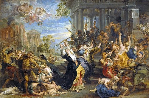 Peter Paul Rubens, Der Bethlehemitische Kindermord. Um 1636/38 (Kindermord, Bethlehem, Mörder, Mütter, Verzweiflung, Drama, tote Kinder, Neues Tetament, Religion, Christentum, Barock, Klassiker, Malerei, Treppenhaus, Wohnzimmer, Wunschgröße, bunt)