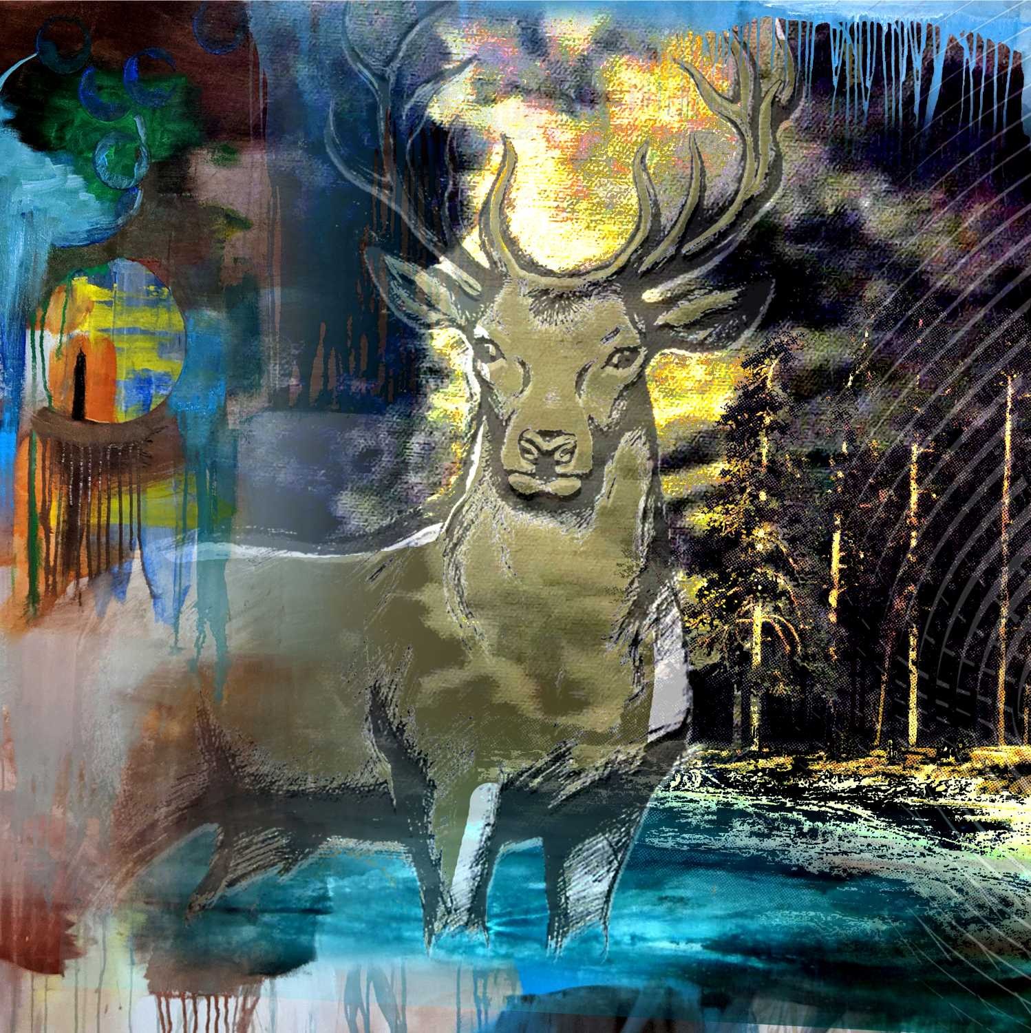 Peter Sander, Hirsch (Hirsch, Geweih, Wald, Bäume,  Popart Künstler, modern, illustrativ, Wunschgröße, Treppenhaus, Wohnzimmer,)