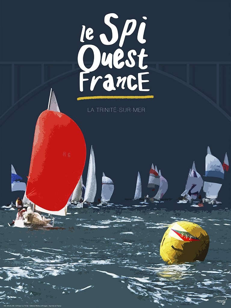 Philip Plisson, Affiche Spi Ouest à la Trinité sur mer (Segelboote, Regatta, maritim, Segelsport, Meeresbrise, Meer, Treppenhaus, Badezimmer, Wohnzimmer, Grafik, Plakat, Kalligrafie, bunt)