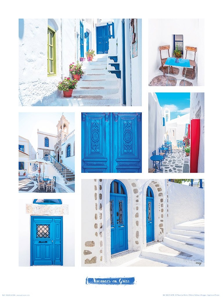 Philip Plisson, Escale en Grèce (Santorini, Griechenland, Architektur, Treppen, Collage, Toursimus, Urlaub, Wohnzimmer, Treppenhaus, Fotografie, weiß/blau)