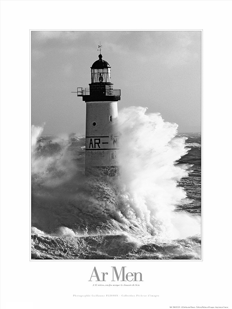 Guillaume Plisson, Le phare d'Ar-Men - Bretagne (Leuchtturm, Meer, Seegang, Wellen, Gischt, Wasserkraft, Frankreich, Bretagne, Atlantik, Meeresbrise, Treppenhaus, Badezimmer, Wohnzimmer, Fotokunst, schwarz/weiß)