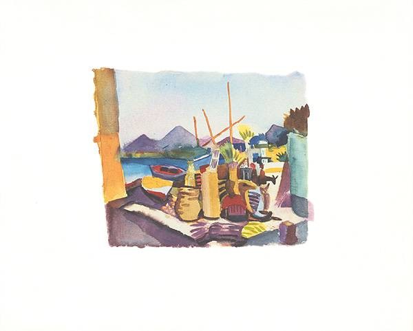 Macke August Landschaft bei Hammamet (1914) (Frequenzmodulierte Rastertechnik, Bütten) (Malerei, Expressionismus, Orient, Tunesien, Landschaft, Panorama, Fenster, Aussicht, Stillleben, Tisch, Tunisreise, Berge,  Wohnzimmer, Treppenhaus, Arztpraxis, Klassische Moderne, bunt)