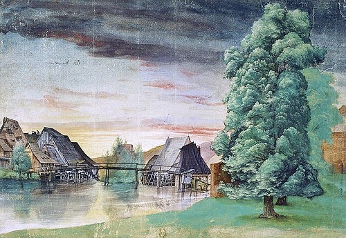 Albrecht Dürer, Die Weidenmühle. Um 1506 (Dürer,Albrecht,1471-1528,Paris,Bibliothèque Nationale,Wasser/Deckfarben/Papier,Dürer, Albrecht Dürer,Mühle,Fluss,Baum,Landschaft,Dächer)