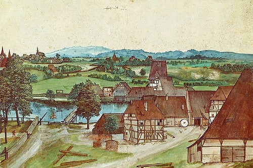 Albrecht Dürer, Die Drahtziehmühle. 1494. (Dürer,Albrecht,1471-1528,Berlin,Kupferstichkabinett,Aquarell/Deckfarben/Papier,Dürer,Albrecht Dürer,15. Jahrhundert,Renaissance,Deutschland,Süddeutschland,Mühle,Häuser,Technik,Stadt,Fluss,Dorf,Dorfansicht,Fachwerk,Fachwerkhaus)