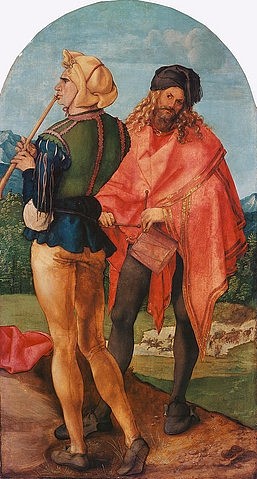 Albrecht Dürer, Jabach-Altar: Pfeifer und Trommler. 1503/05 (16. Jahrhundert,Lindenholz,1471-1528,Dürer,Albrecht,Köln,Wallraf-Richartz-Museum,Dürer, Albrecht Dürer,Renaissance,Jabach,Altar,Musikant,Musikanten,Musik,Männer,Flöte,Trommel)