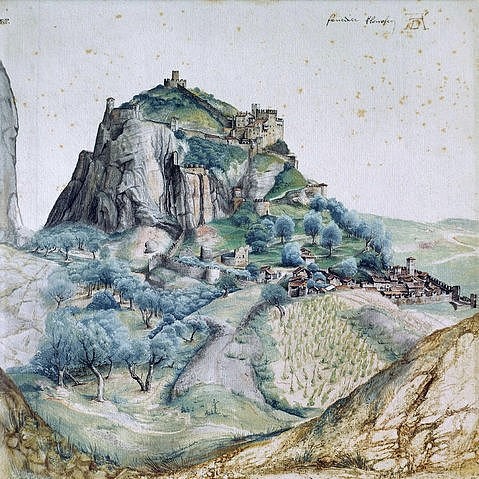 Albrecht Dürer, Arco. 1495. (Italien, Landschaften, Burgen, Berg, Felsen, Klassiker, Alte Meister, Malerei, Wohnzimmer, Treppenhaus, Renaissance, Wunschgröße, bunt)