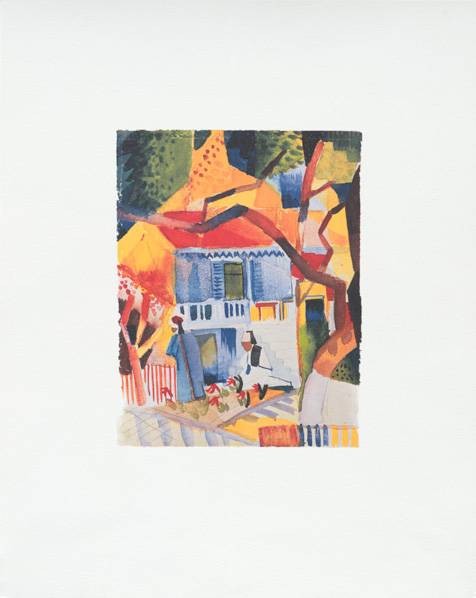 Macke August Innenhof des Landhauses (1914) (Frequenzmodulierte Rastertechnik, Bütten) (Malerei, Expressionismus, Orient,Garten, Landhaus, Idylle, Tunesien, Tunisreise, Afrika, Wohnzimmer, Treppenhaus, Arztpraxis, Klassische Moderne, bunt)