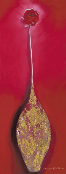 Marilyn Robertson, GOLD CHARM (Malerei, Stillleben, Rose, Blume, Blüte, Vase, modern, dekorativ, Wunschgröße, Schlafzimmer, Treppenhaus, Wohnzimmer, rot)