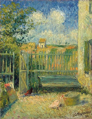 Camille Pissarro, Der Hof des Maison Rondest in Pontoise (La cour de la maison Rondest, Pontoise). 1880 (Pissarro,Camille,1830-1903,Christie's Images Ltd,Öl auf Leinwand,19. Jahrhundert,Impressionismus,französischer,Camille Pissarro,1880,Korb,Wolken,Hof,Vögel,Geflügel,Pfau,Ente,Zaun,draußen,Tiere,Gatter)