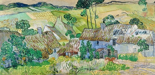 Vincent van Gogh, Bauernhöfe bei Auvers. 1890. (Gogh,Vincent van,1853-1890,London,Tate Gallery,Gogh, Vincent van Gogh,19. Jahrhundert,Dorf,Frankreich,Auvers,Sommer,sommerlich,ländlich,Dorflandschaft,Bauernhof,Strohdach,strohgedeckt)