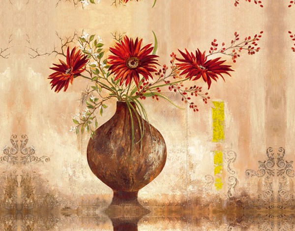 Anna Field, RED GERBERAS (Stillleben, Blumenvase, Gerbera, rote Lilien, dekorativ, floral, Wunschgröße, Esszimmer, Wohnzimmer, Treppenhaus, bunt)