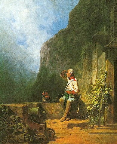 Carl Spitzweg, Strickender Wachtposten. Um 1855 (Malerei, Klassiker, Soldat, Wachposten, Kanone, Burg,  Stricken, Socke, Humor, Wunschgröße, Spätromantik, Wohnzimmer, Treppenhaus, bunt)