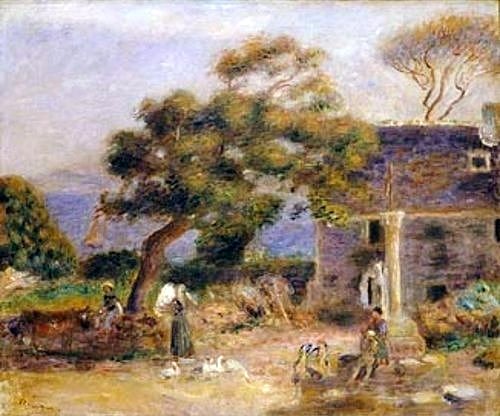 Pierre-Auguste Renoir, Blick auf Treboul. Um 1895 (Landschaft, Landschaftsmalerei, Hof, bäuerlich, rustikal, Bäume, Impressionismus, klassische Moderne, Wunschgröße, Wohnzimmer, Malerei)