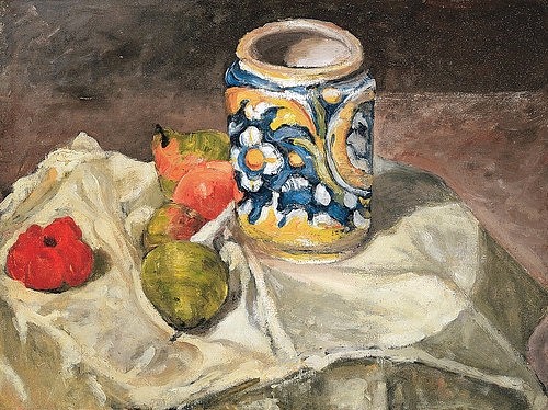 Paul Cézanne, Stilleben mit italienischer Fayence. 1872-73 (Stillleben, Vase, Fayence, Keramik, Früchte, Birnen, Tischtuch,  Wunschgröße, Klassiker, Impressionismus, Wunschgröße, Wohnzimmer, Esszimmer)