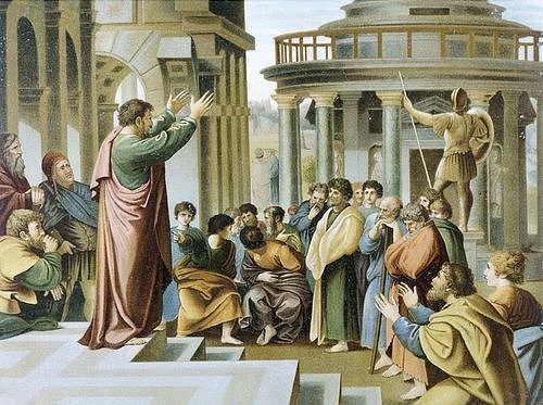 Raffael (Raffaello Sanzio), Allioli-Bibel um 1900 Paulus predigt in Athen. (Raffael (Raffaello Sanzio),nach,01 Jh,alt,alte,alter,altes,Apostel,Apostelgeschichte,Druck,Drucke,Farbe,Farben,farbig,farbige,farbiger,farbiges,Format quer,Heiligenlegende,historisch,Kirchengeschichte,Namenspatron,Nazarener Stil,Neues Testament,predigen,p)
