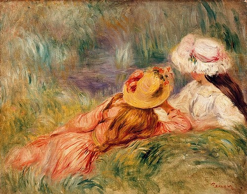 Pierre-Auguste Renoir, Junge Mädchen am Wasser (Jeunes Filles au Bord de l'Eau. Um 1893 (Kinder, Mädchen, Gras, Bach, Sonnenhüte, Sommer, Impressionismus, klassische Moderne, Wunschgröße, Wohnzimmer, Malerei)