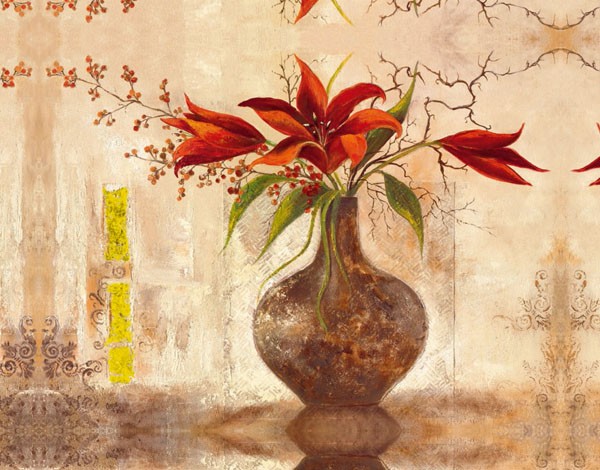 Anna Field, RED LILIES (Stillleben, Blumenvase, Lilien, rote Lilien, dekorativ, floral, Wunschgröße, Esszimmer, Wohnzimmer, Treppenhaus, bunt)
