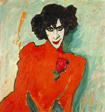 Alexej von Jawlensky, Bildnis des Tänzers Alexander Sacharoff, 1909. (Jawlensky,Alexej von,1864-1941,München,Städtische Galerie,Öl/Pappe,Portrait,Mann,Tänzer,Tanz,Theater,Jawlensky, Alexej von Jawlensky,orange,blass,geschminkt,schwarze Haare,schwarzhaarig,Ausdruck,ausdrucksstark,Homoerotik)