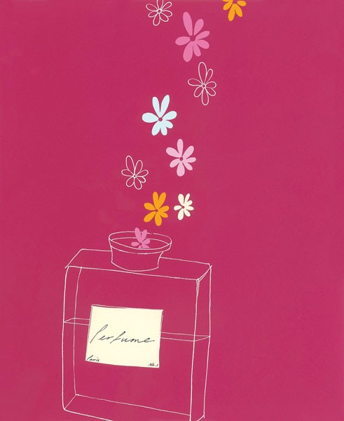 Ally & Reader Gore, PERFUME BOTTLE I (Flacon, Parfümflasche, stilisiert, Blüten, floral, geometrische Muster, Grafik, Modern, Badezimmer, Wohnzimmer, Wunschgröße, pink)
