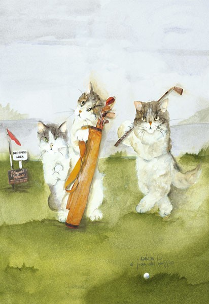 Dédé Moser, COPERTINA III (Katzen, Haustiere, Tiere, golfspielende Katzen, Sport, witzig, Humor, Katzenfamilie,  niedlich, Antropomorphismus, Aquarell, Treppenhaus, Wohnzimmer, Wunschgröße)