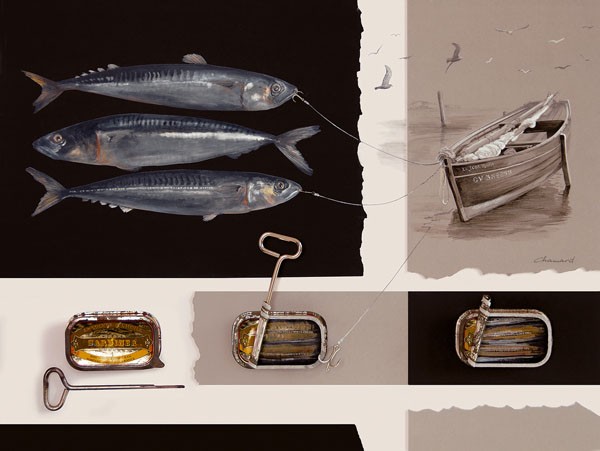 Jean-Marc Chamard, MISE EN BOITE D'UNE SARDINE (Stillleben, Fisch, Sardinen, Sardinendosen, Boot, Küche, Eszimmer, Gastronomie, Fotokunst, Wunschgröße, grau/braun)