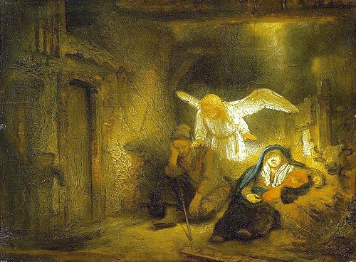 Rembrandt van Rijn, Der Traum Josephs. 1645 (Rembrandt van Rijn,1606-1669,Berlin,Gemäldegalerie,Öl/Mahagoniholz,Rembrandt van Rijn,Rembrandt,17. Jahrhundert,Barock,Engel,Joseph,Heilige Familie,Stall,schlafen,Schlaf,Traum,träumen,Schutzengel,hell,Flügel,berühren)