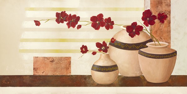 David Sedalia, RED BLOSSOM II (Stillleben, Eleganz, edel,   Vasen, Zweige, rote Blüten, klare Formen, modern, Wohnzimmer, Esszimmer, Treppenhaus, Wunschgröße,)