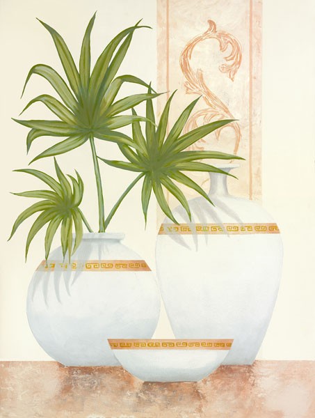 David Sedalia, SHEER ELEGANCE I (Stillleben, Eleganz, edel, Töpfe, Vase, Palmblätter, Wohnzimmer, Esszimmer, Treppenhaus, Wunschgröße, braun/Pastell)