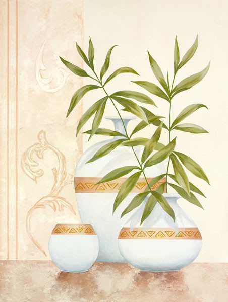 David Sedalia, SHEER ELEGANCE II (Stillleben, Eleganz, edel, Töpfe, Vase, Palmblätter, Wohnzimmer, Esszimmer, Treppenhaus, Wunschgröße, braun/Pastell)