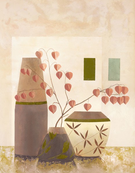 David Sedalia, AMBIANCE II (Stillleben, Eleganz, edel,  Vasen, Zweige, Ballonblumen, klare Formen, abstrakte Muster, modern, Wohnzimmer, Esszimmer, Treppenhaus, Wunschgröße,)