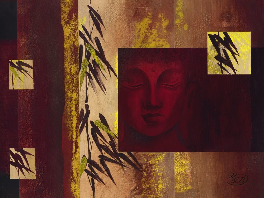 Verbeek & Van den Broek, BUDDHA IV (Wunschgröße, Malerei, modern, Buddha, Statue, Buddhakopf, Buddhismus, Religion, abstrakte Farbfelder, Bambuszweig, Wohnzimmer, Schlafzimmer, Wellness, Treppenhaus, bunt)